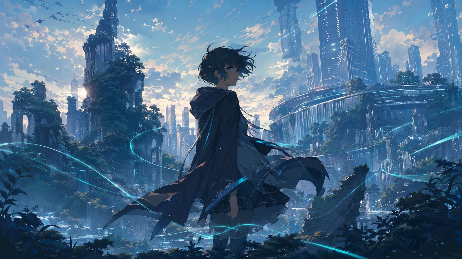 未来都市に立つ人物を描いたアニメーション作品ビジュアル