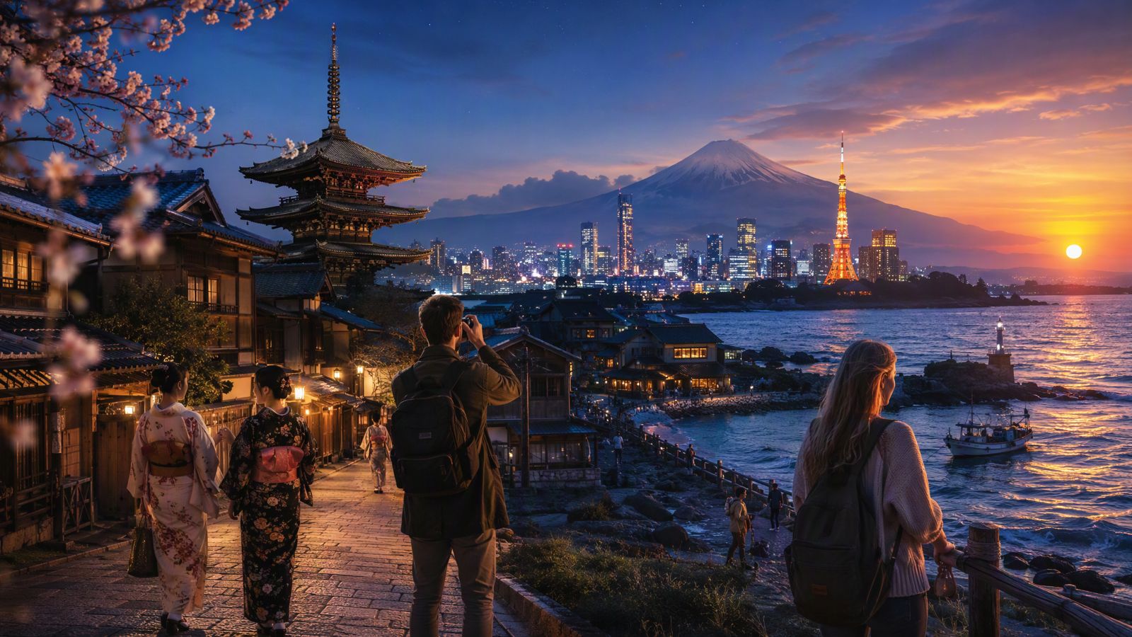 桜、寺院、富士山、都市と海を組み合わせた観光PRビジュアル