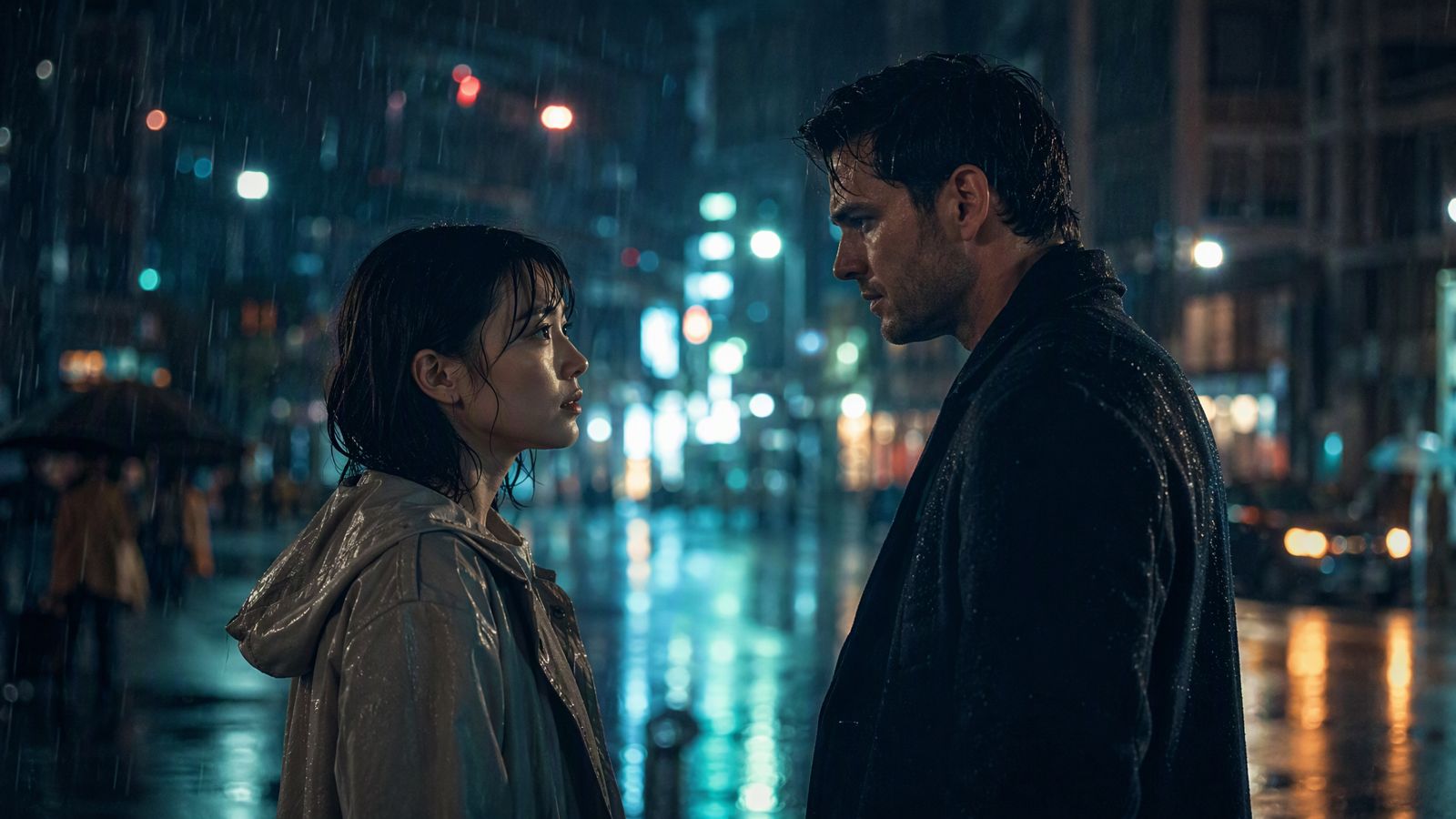 雨の夜の都市で向き合う男女を描いたドラマ作品ビジュアル